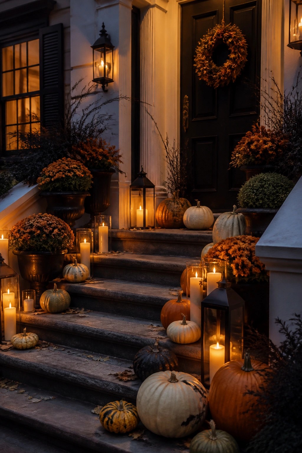 Stone front steps decorated with assorted pumpkins in white, orange, and green tones along with white candles in glass holders and black lanterns.