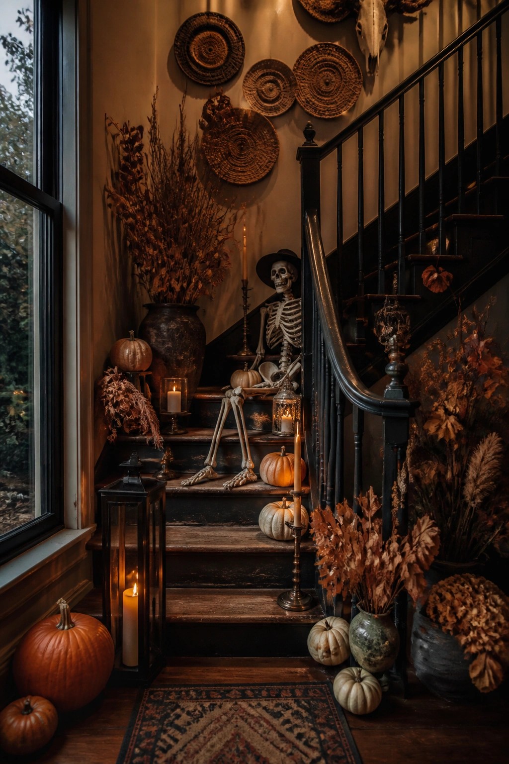 Staircase decorated with a seated skeleton, candles, and pumpkins for Halloween.