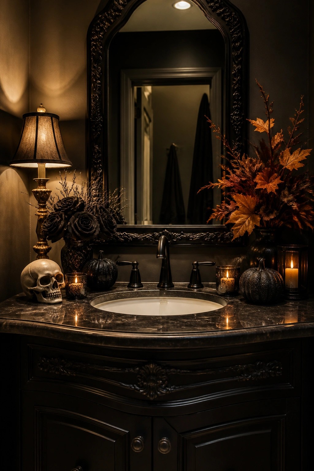 Bathroom vanity with a decorative skull, black roses, dark pumpkins, and lit candles arranged around a dark marble sink.