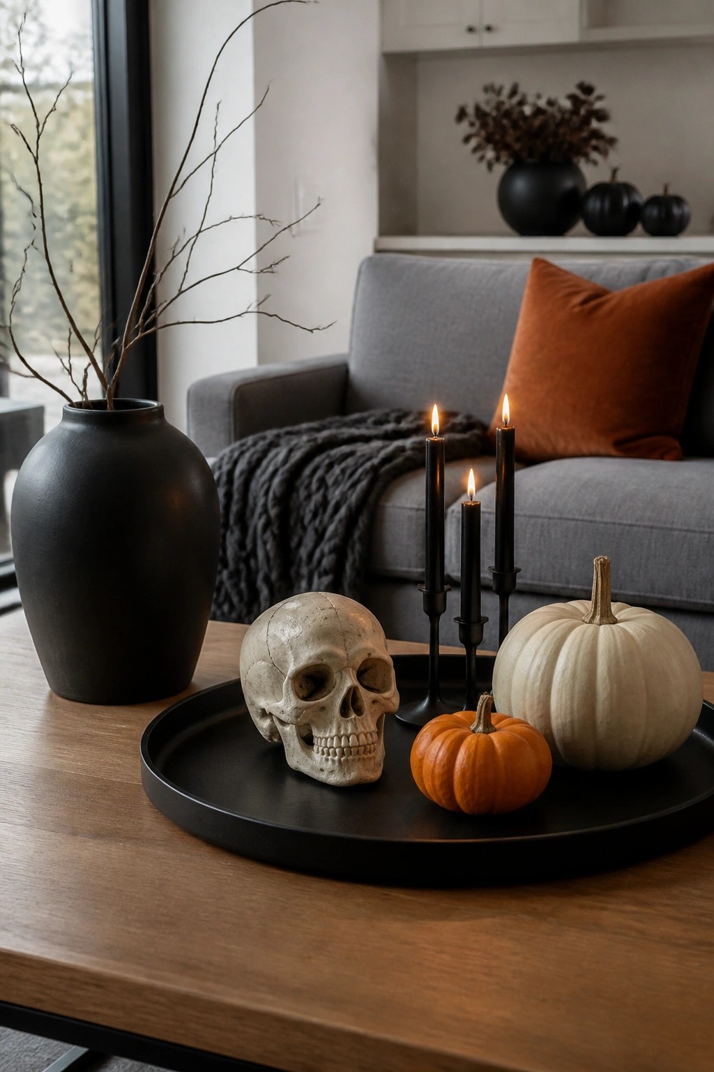 Black tray on a wooden coffee table displaying a skull, two small pumpkins, and three lit black taper candles in a living room.
