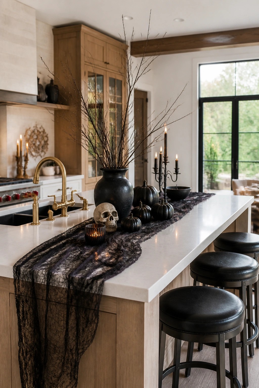 Kitchen island with a black branch arrangement in a vase, a skull, black pumpkins, and a lace runner along the white countertop.