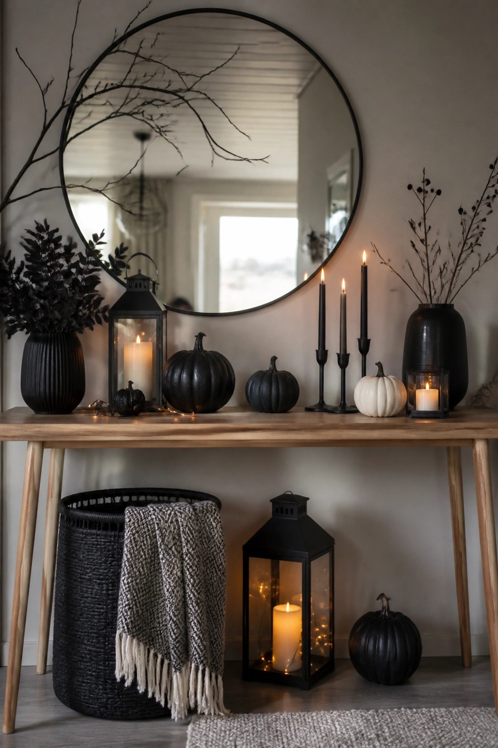 Entryway console table decorated with several black pumpkins, black lanterns, and dark taper candles for Halloween.