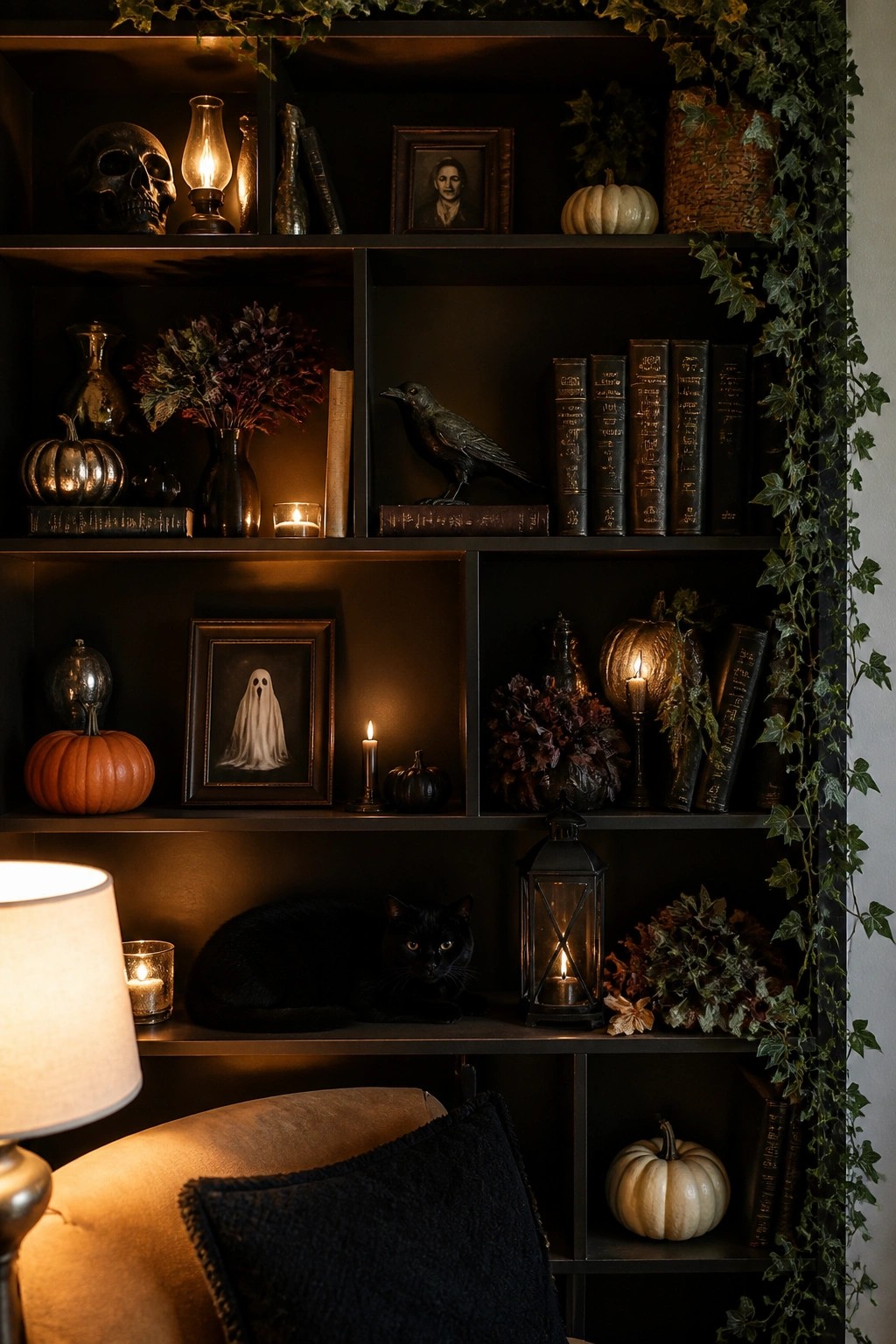 Dark built-in shelves styled with a framed ghost print, skull, black cat, crow statue, pumpkins, and candles for a Halloween display.