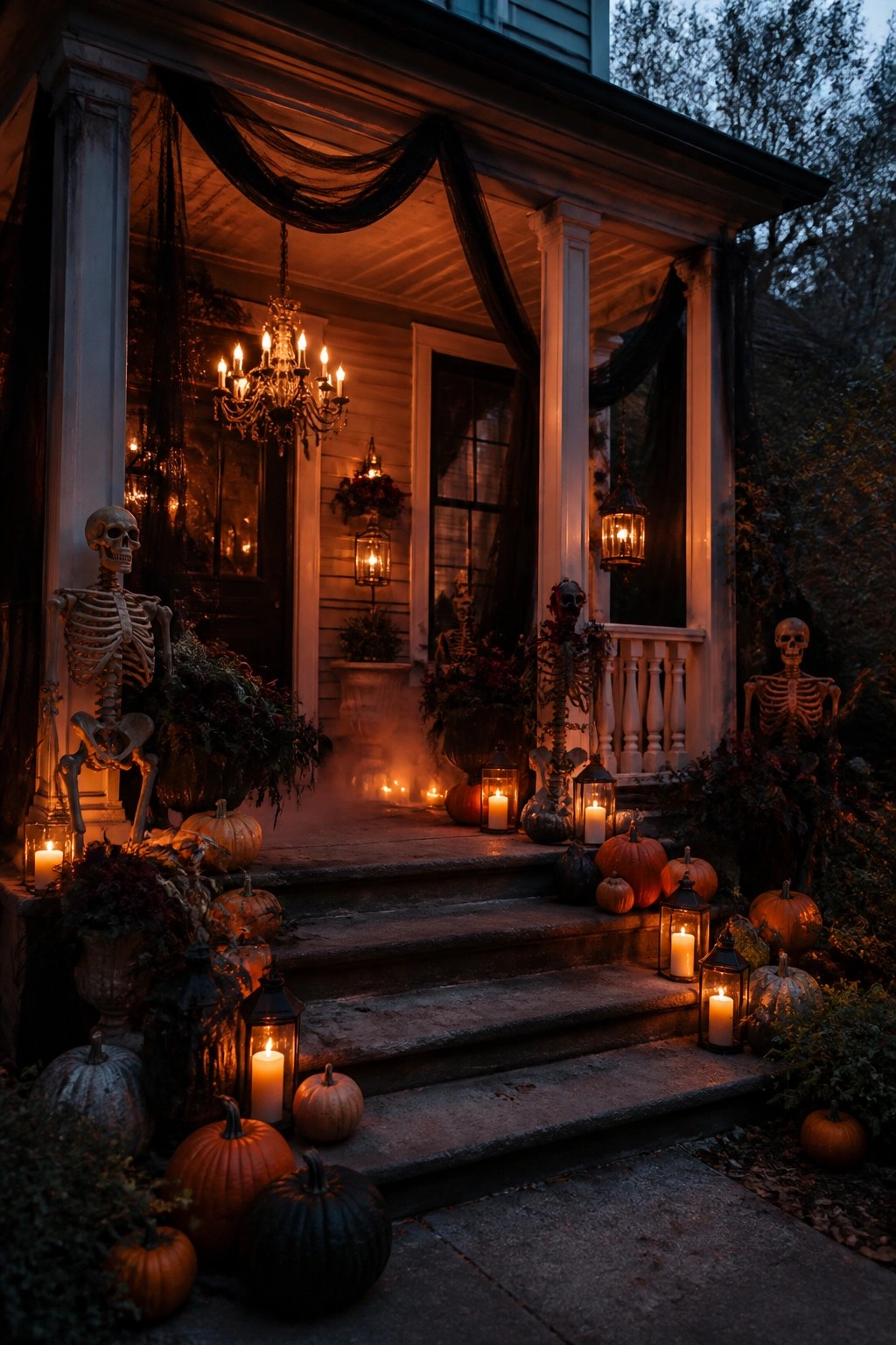 Front porch decorated with several standing skeletons, pumpkins, and lanterns arranged on the steps and around the entrance.