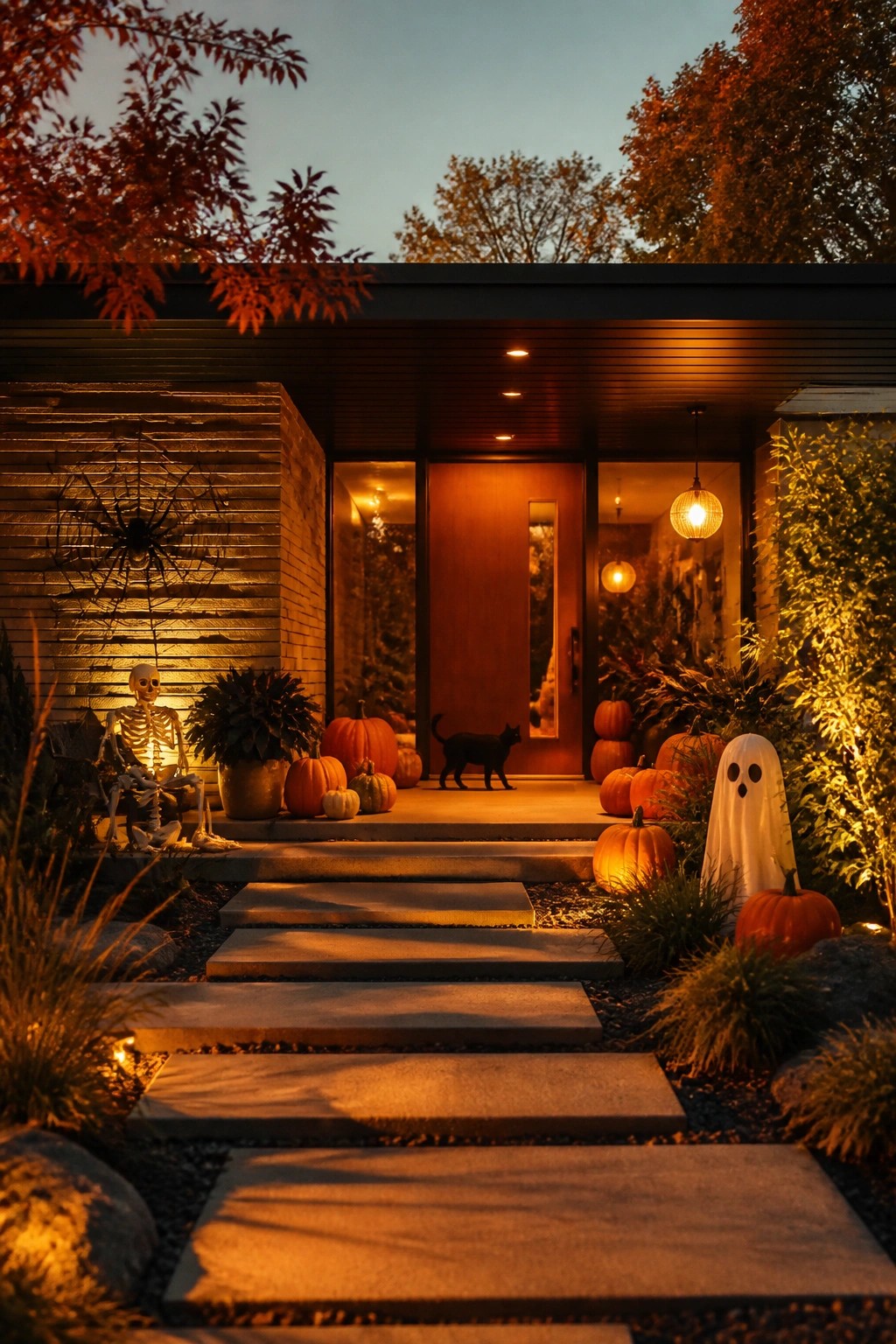Twilight scene of modern house with glowing pumpkins, skeleton, ghost, spider web, and black cat