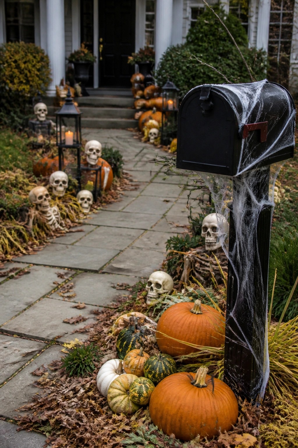 Stone walkway lined with multiple plastic skeletons and skulls set among pumpkins and fallen leaves, with spiderwebs covering a black mailbox.