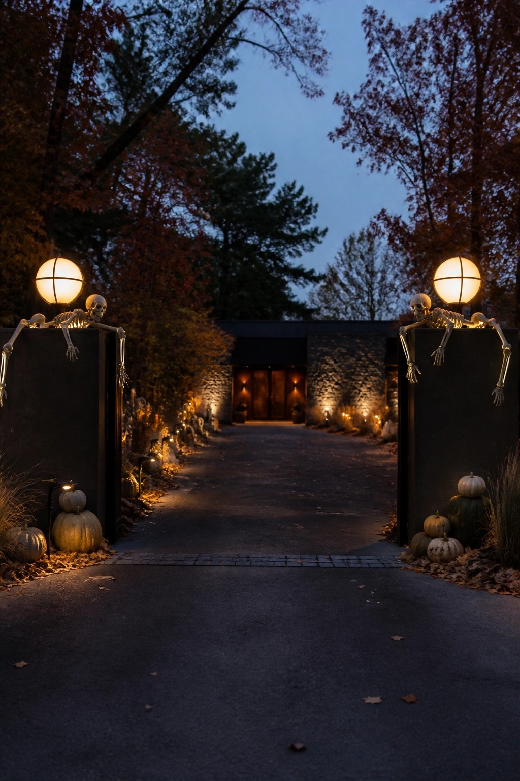 Dark outdoor gate posts with skeletons draped over the tops and pumpkins clustered at the bases.