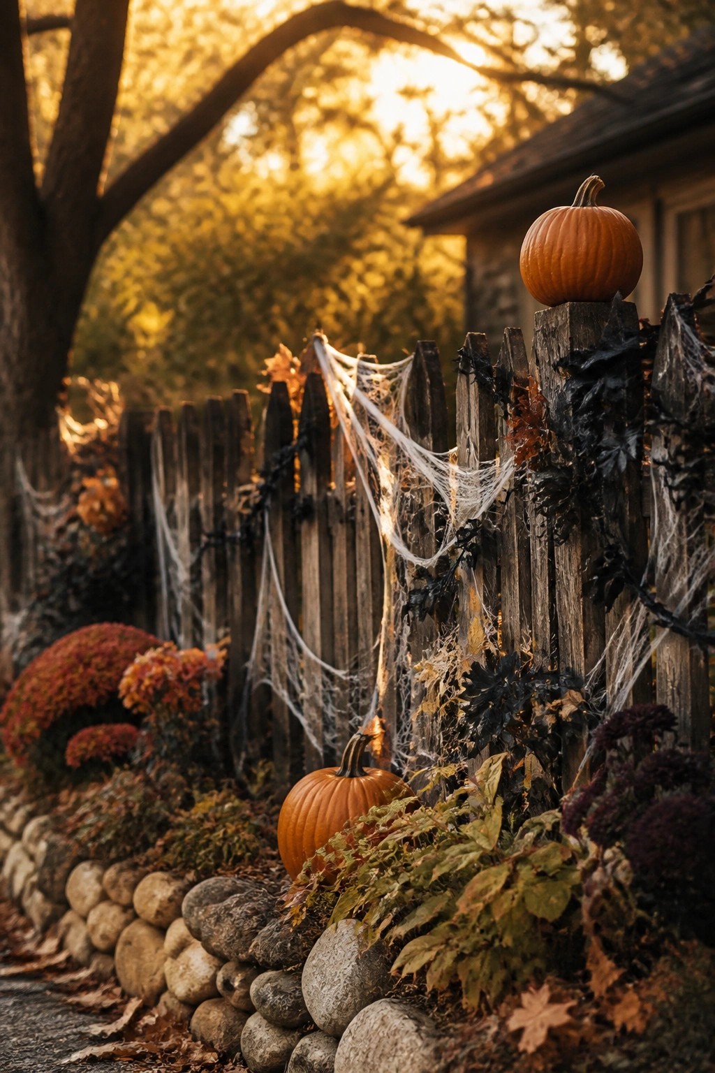 Wooden fence draped in spiderwebs with pumpkins amid autumn leaves at sunset