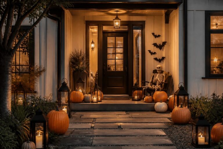 Front porch steps lined with skeletons, orange and white pumpkins, and lit candles leading to a black door.