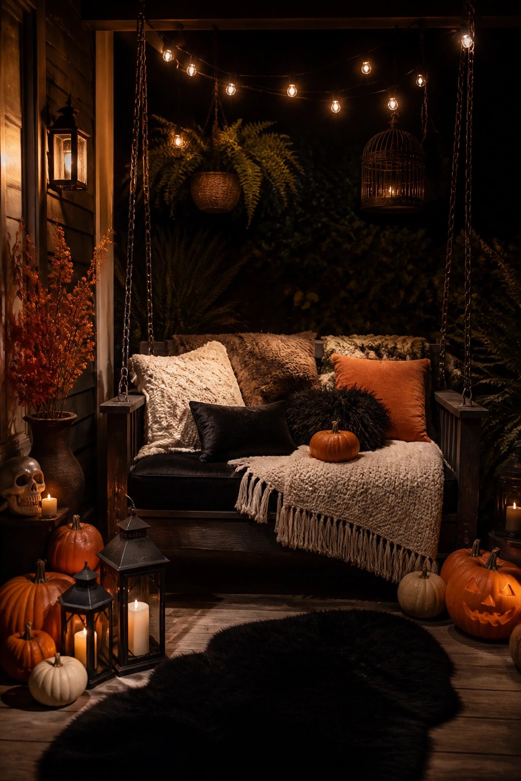 Cozy Halloween porch swing with pumpkins, lanterns, string lights, and fur pillows.