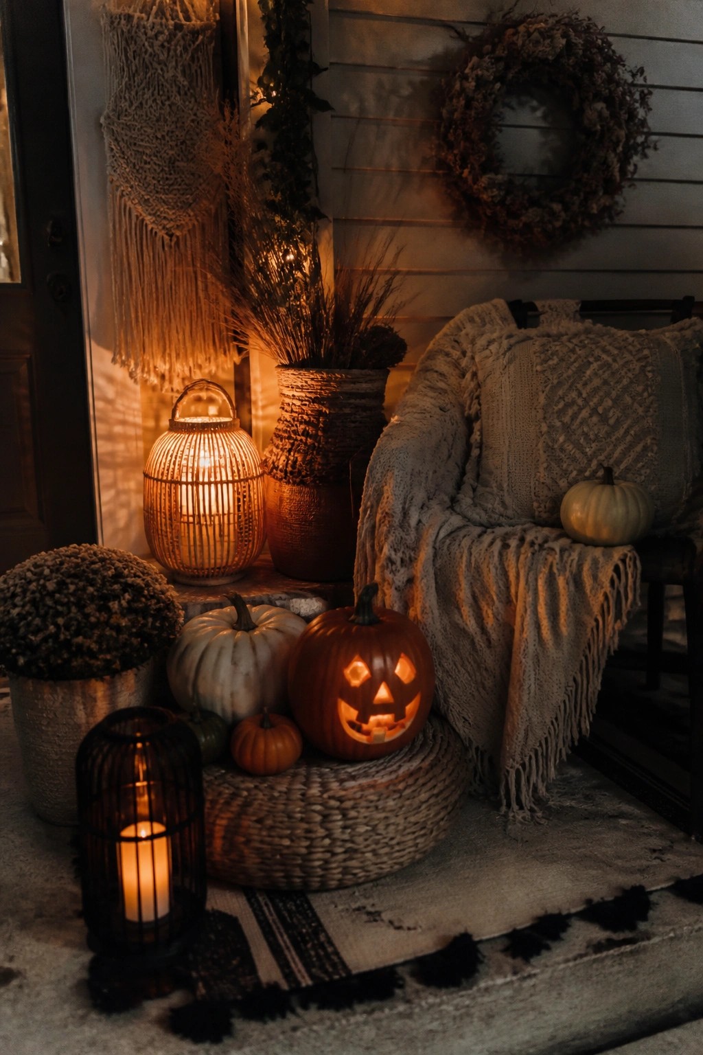 Front porch display featuring a lit carved jack o lantern surrounded by smaller pumpkins and lanterns on a woven mat.