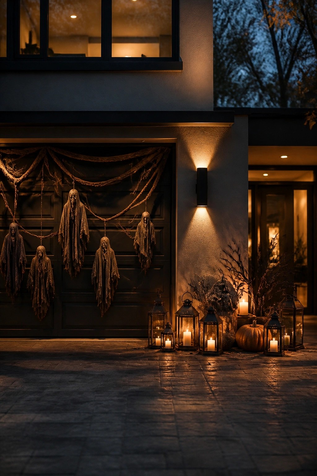 Haunted garage door with hanging ghosts, spiderwebs, glowing lanterns, and pumpkin at night