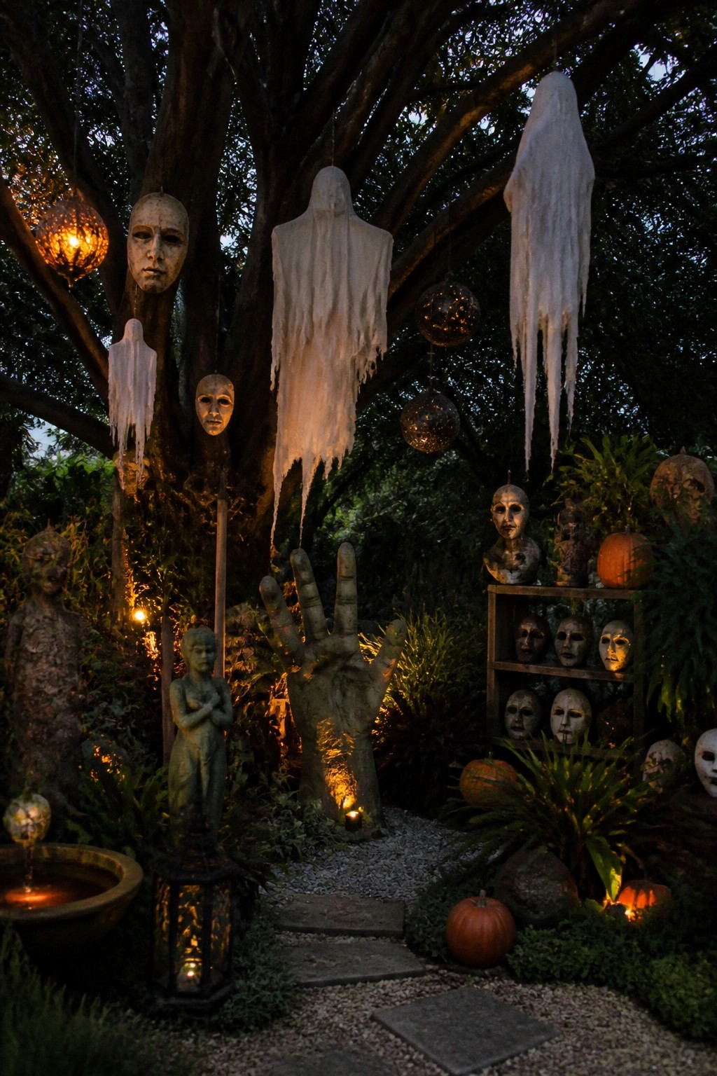 Outdoor yard scene at night with multiple white fabric ghosts hanging from a large tree, along with masks, a large hand sculpture, and scattered pumpkins.