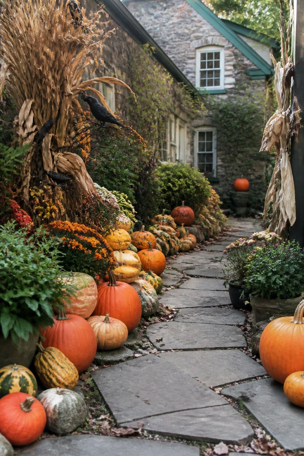 Pumpkins and autumn flowers line a stone path by a house.