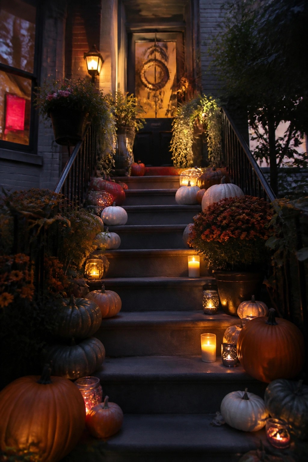 Front porch staircase lined with white, orange, and gray pumpkins and small lit candles in glass jars.