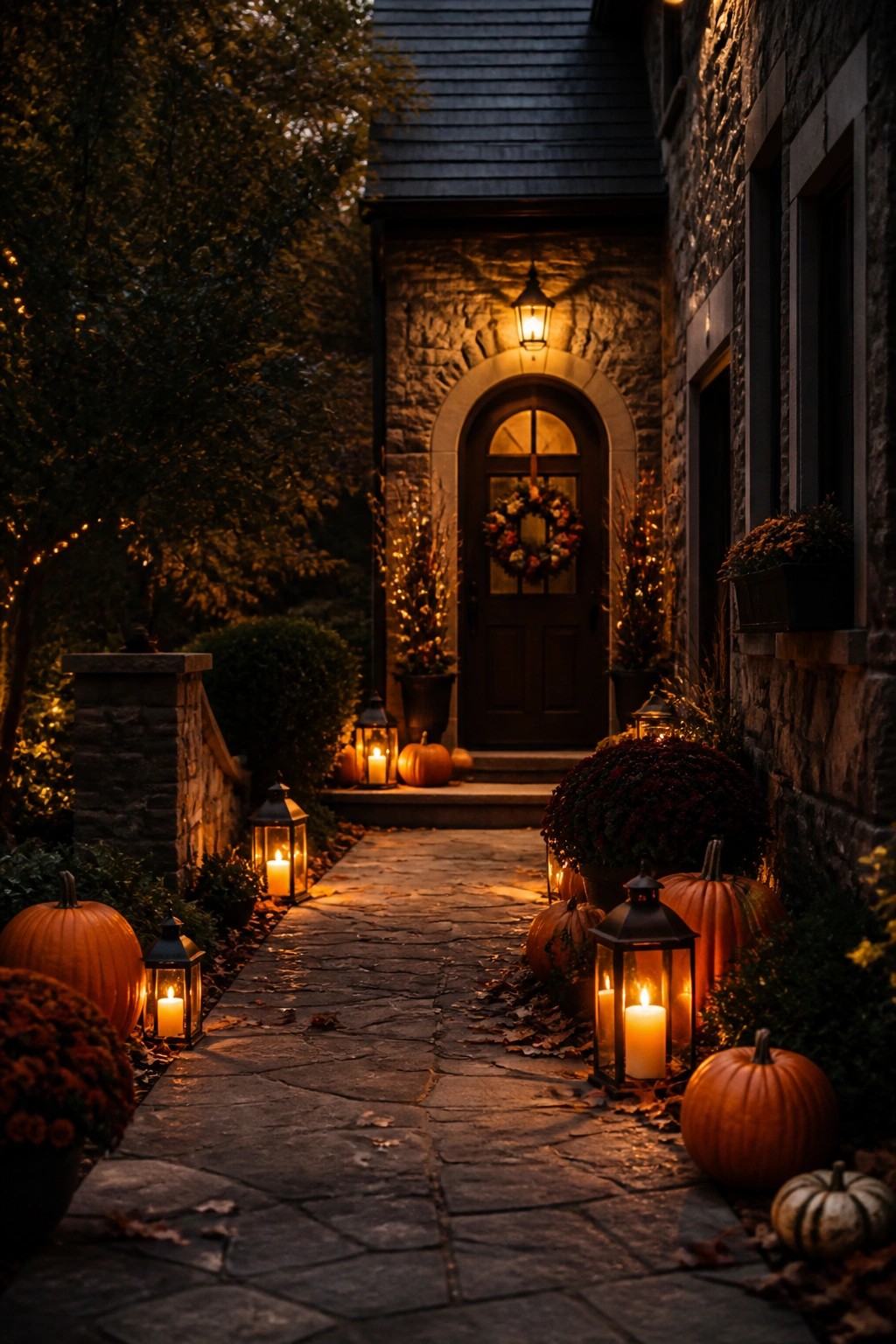 Stone walkway leading to a front door lined with orange pumpkins and glowing lanterns on both sides.
