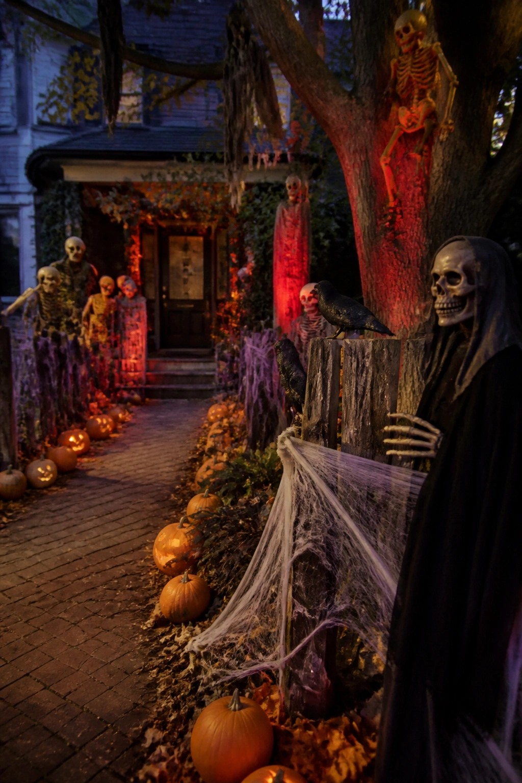 A brick walkway lined with carved pumpkins and multiple skeletons leading to a front porch decorated with more skeletons, spiderwebs, and a large grim reaper figure.