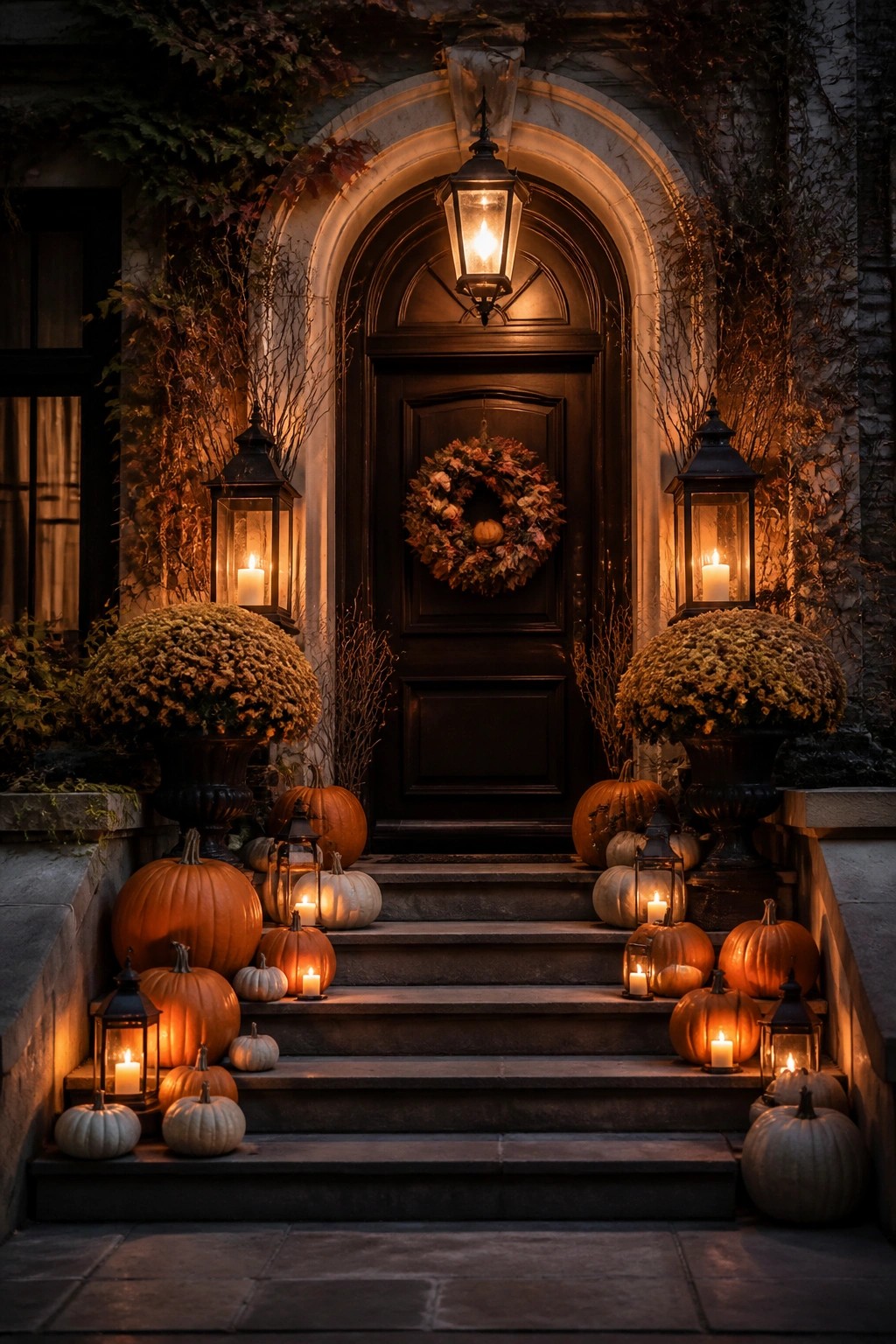 Front steps lined with orange and white pumpkins and lit lanterns leading up to a dark wooden door with a fall wreath.