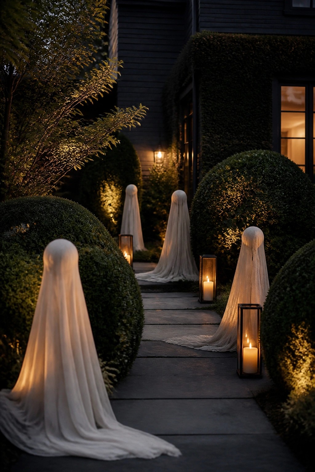 Stone walkway at night lined with white sheet ghosts and glowing lanterns between trimmed green bushes.