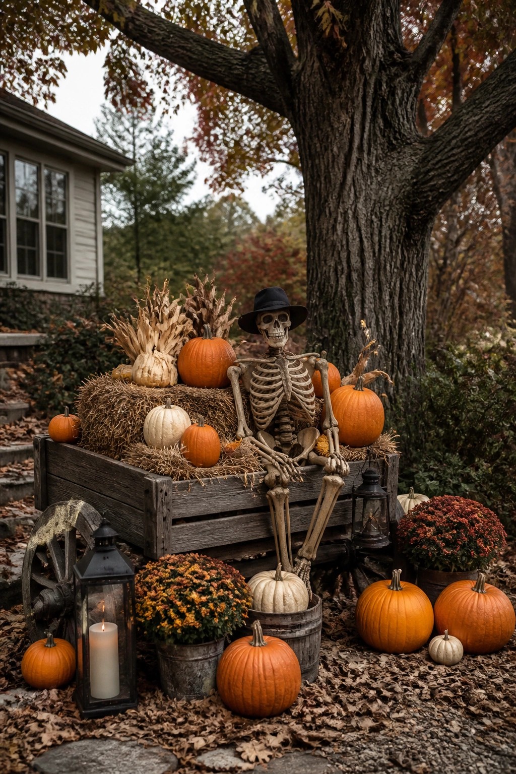 A skeleton wearing a black hat sits inside a wooden crate filled with hay and pumpkins in a yard setting.