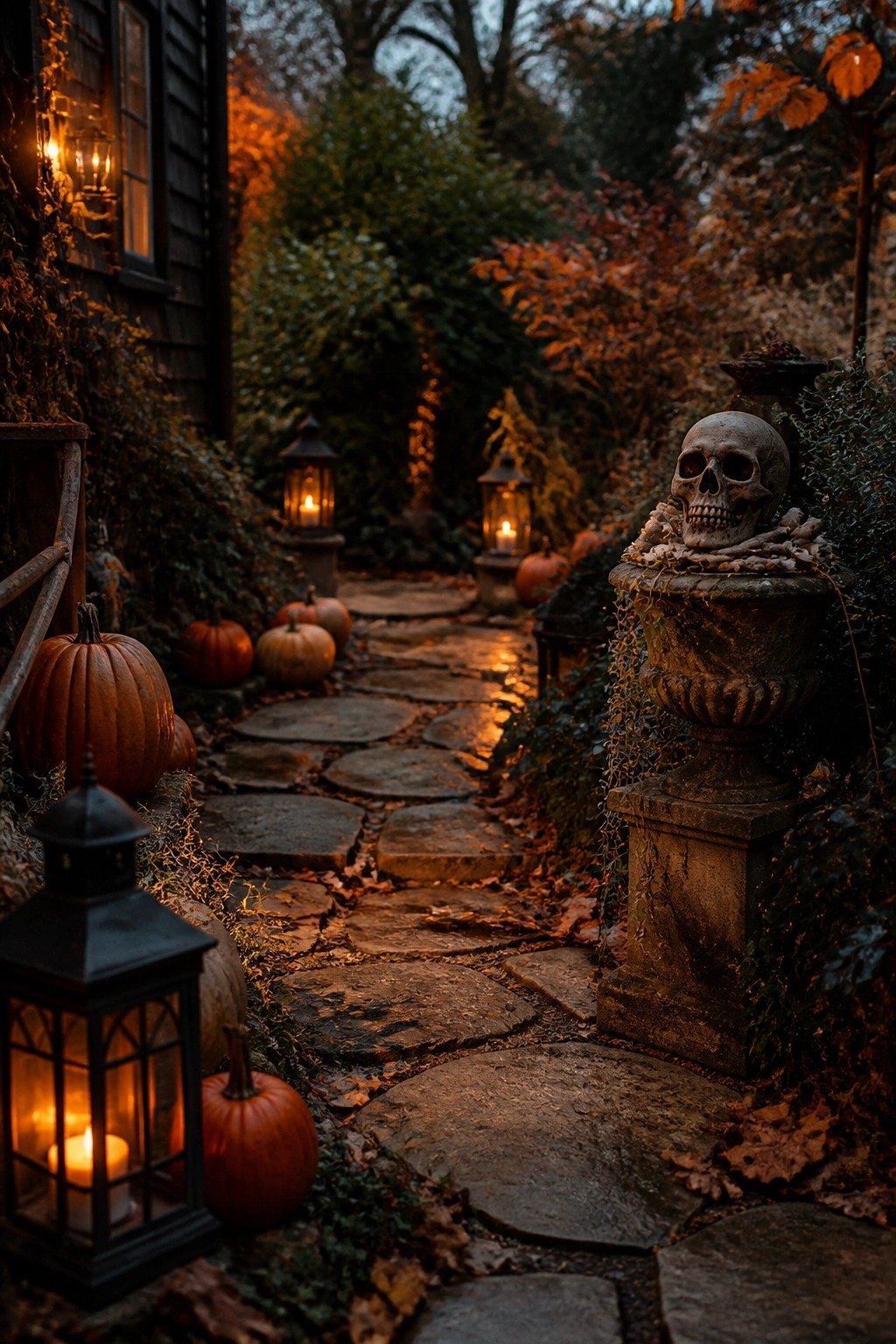 Stone walkway lined with pumpkins and lanterns, featuring a large skull with bones in a weathered urn beside the path.