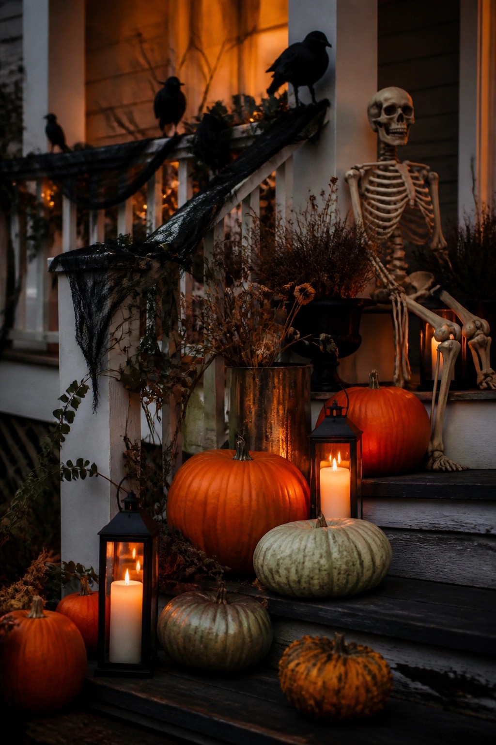 Front porch steps with a large skeleton figure, black crows on the railing, pumpkins, and glowing lanterns.