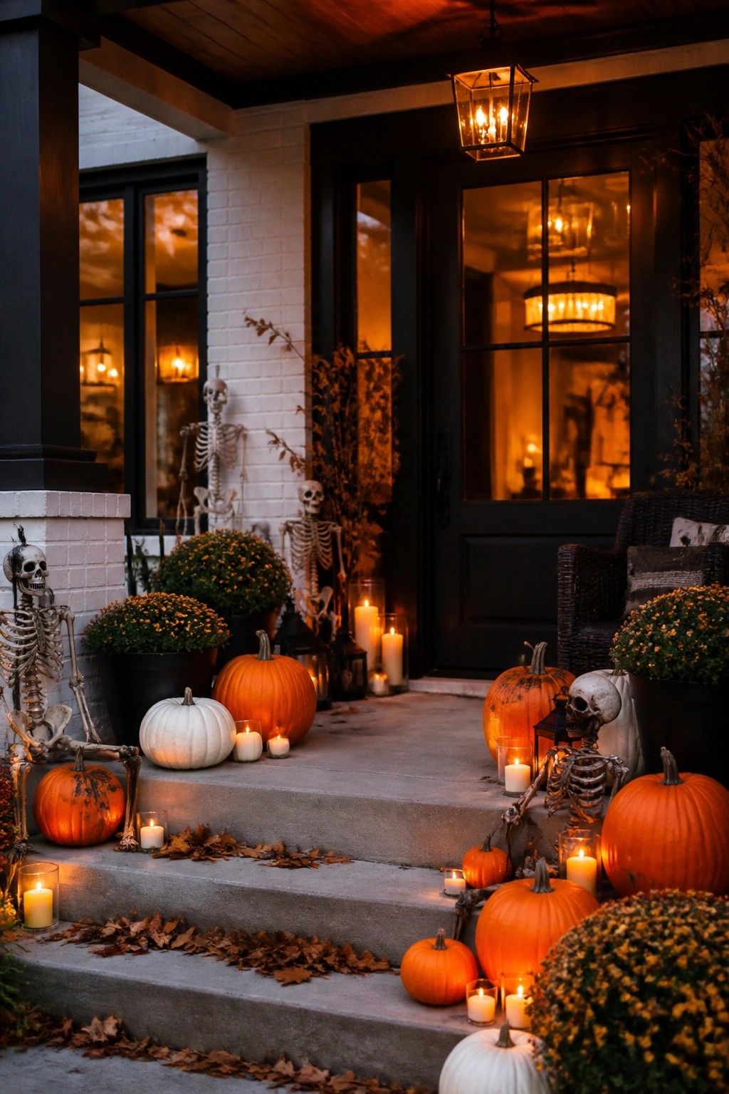 Front porch steps lined with skeletons, orange and white pumpkins, and lit candles leading to a black door.