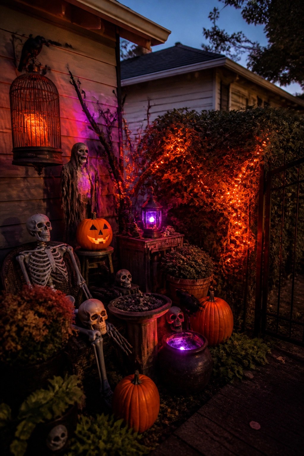 Outdoor porch area decorated with a skeleton seated in a chair, scattered skulls, a glowing jack o lantern, and a standing grim reaper figure beside a house wall.