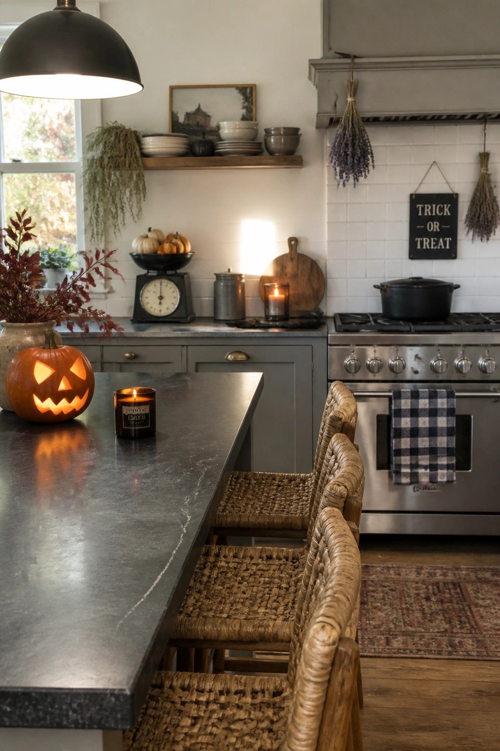 Rustic kitchen with glowing jack-o'-lantern, lit candle, woven stools, and trick or treat sign