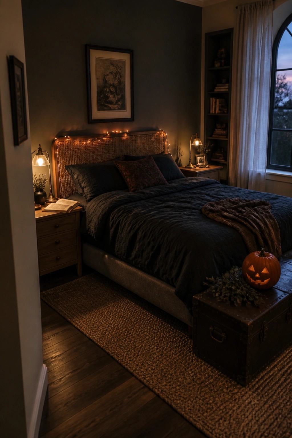 A bedroom with dark bedding, a woven headboard strung with lights, and a carved pumpkin on a trunk at the foot of the bed.