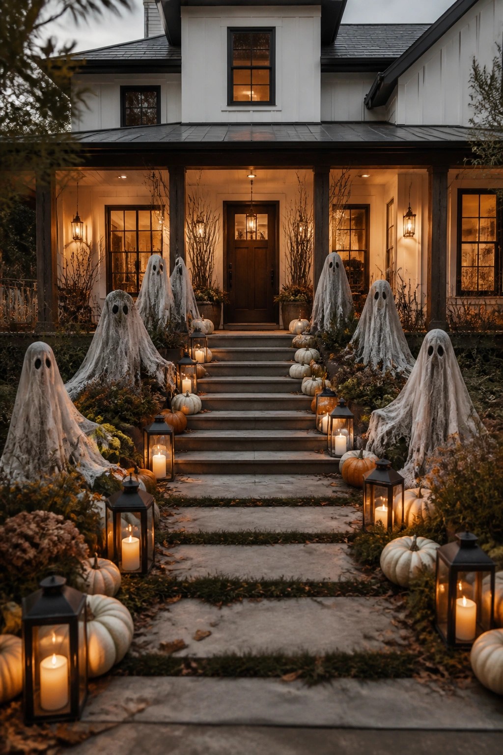 Front porch entrance lined with multiple white fabric ghost figures placed on both sides of the steps along with lanterns and pumpkins.