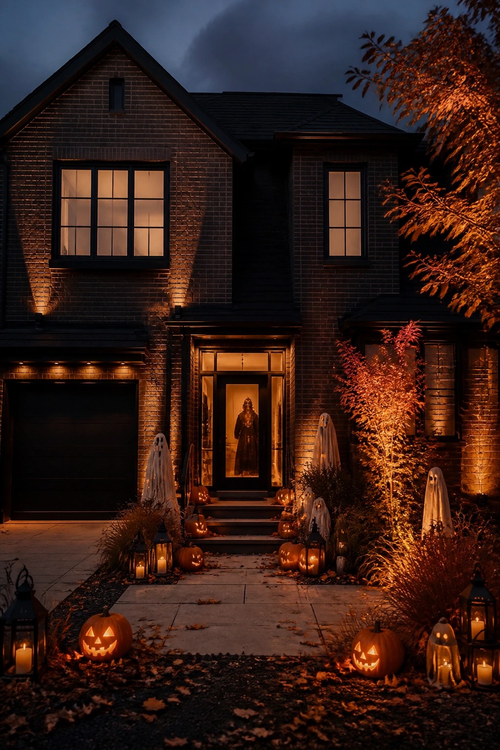 Brick house front entrance with multiple white sheet ghosts positioned along the steps and walkway, surrounded by carved jack-o'-lanterns and lanterns.