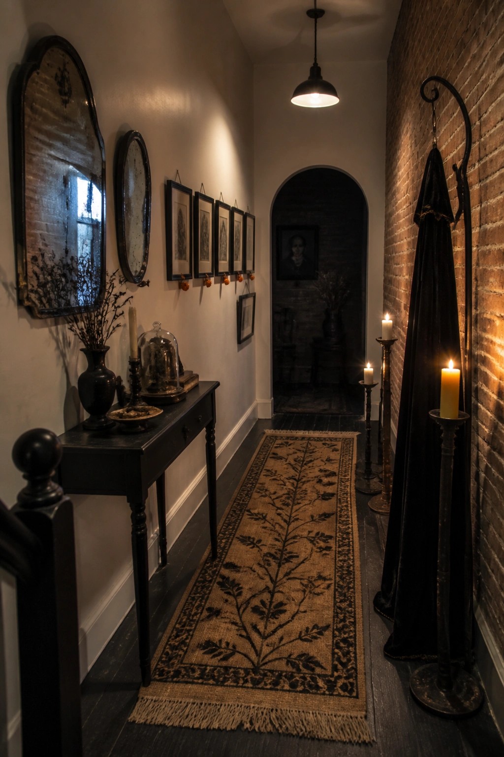 A narrow hallway with white walls, dark wood floor, a long patterned runner, black console table with mirrors, and several lit candles on stands beside a brick wall.
