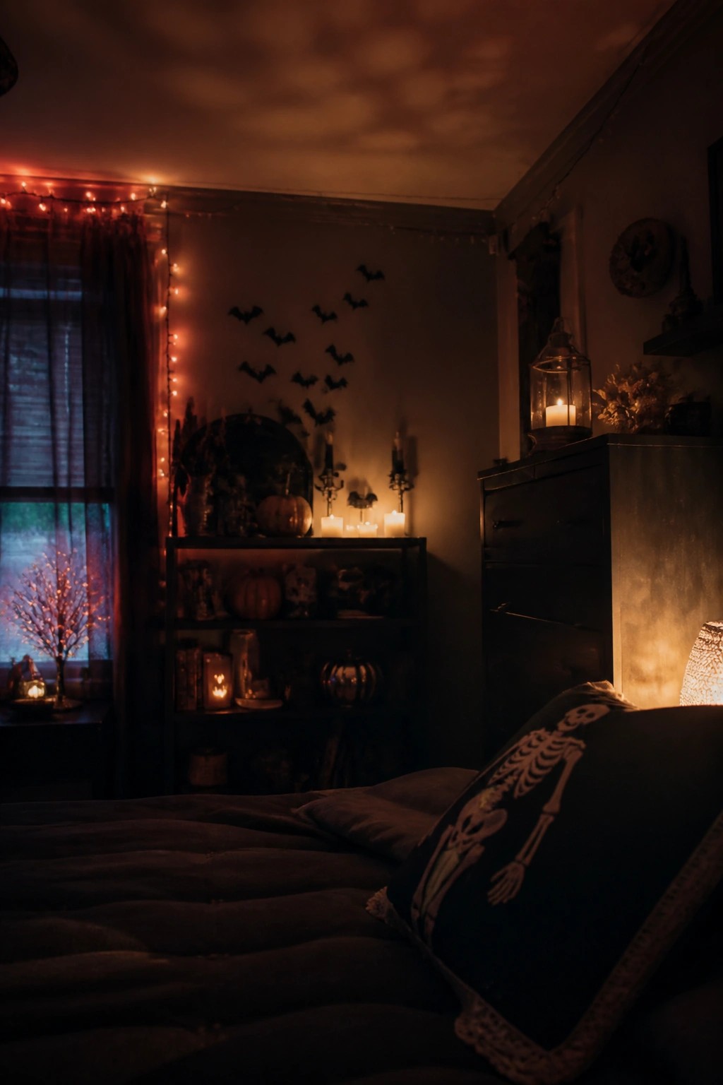 Bedroom with black bat cutouts arranged on the wall above shelves holding candles and pumpkins, plus a bed with a skeleton pillow.