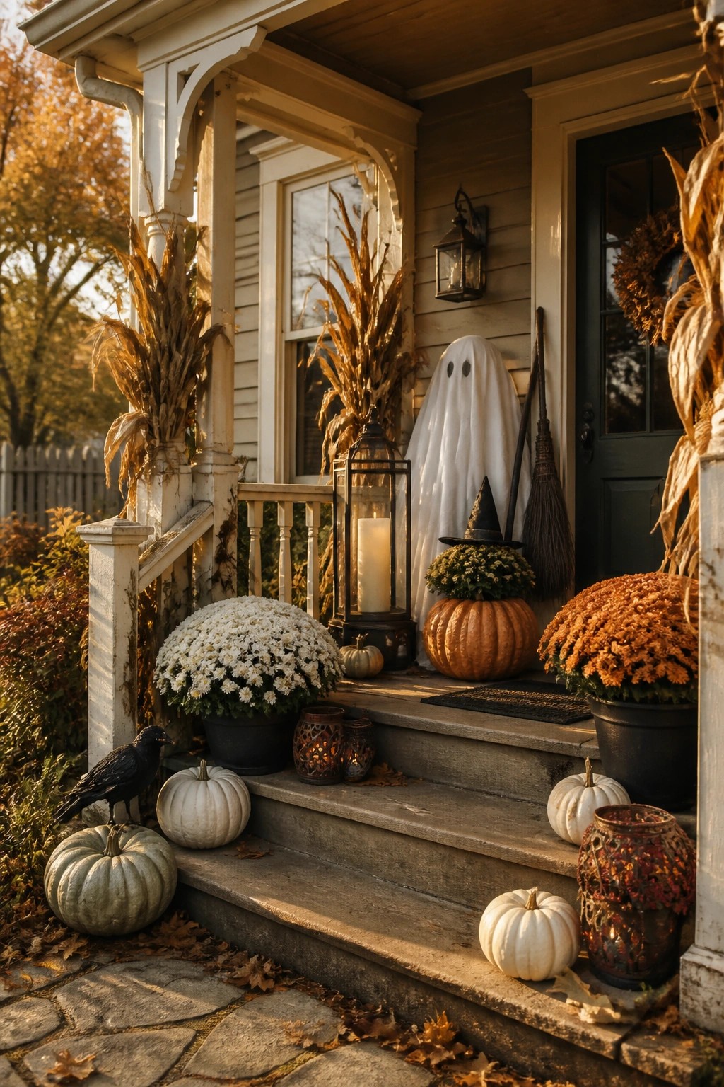 Front porch with a large white fabric ghost standing near the door, surrounded by pumpkins, mums, dried corn stalks, and a black crow on a pumpkin.