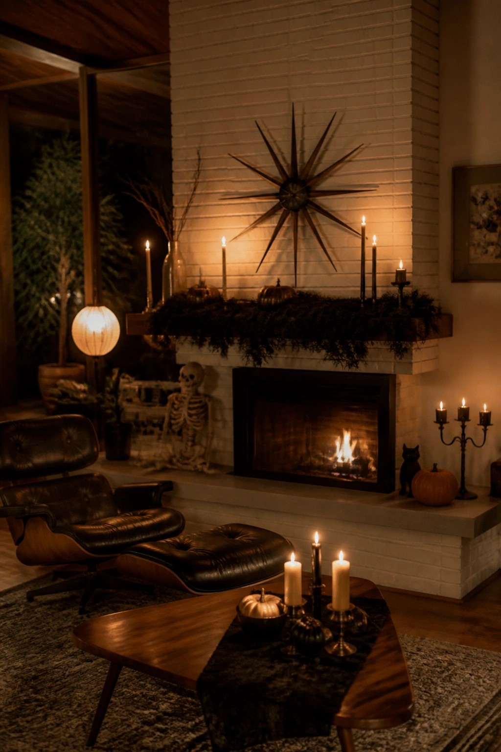 Living room fireplace mantel styled with a skeleton on the hearth, dark garland with small pumpkins, tall lit candles, and a large starburst decoration above the firebox.