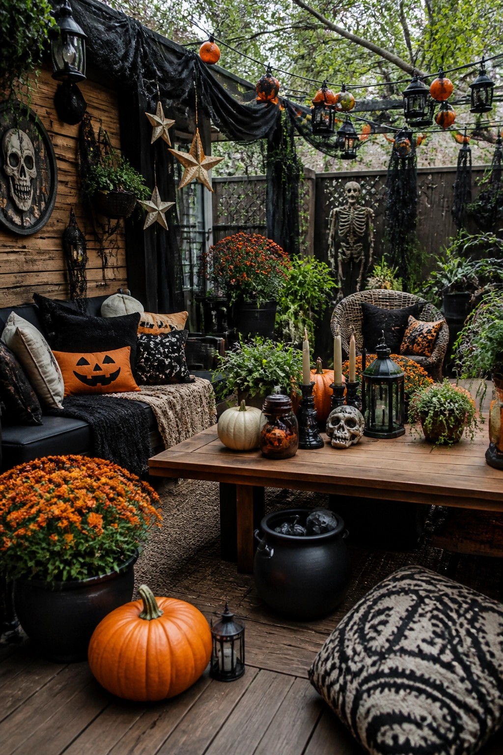 Wooden patio table styled for Halloween with skulls, a black cauldron, candles, and pumpkins, plus a skeleton standing in the background.