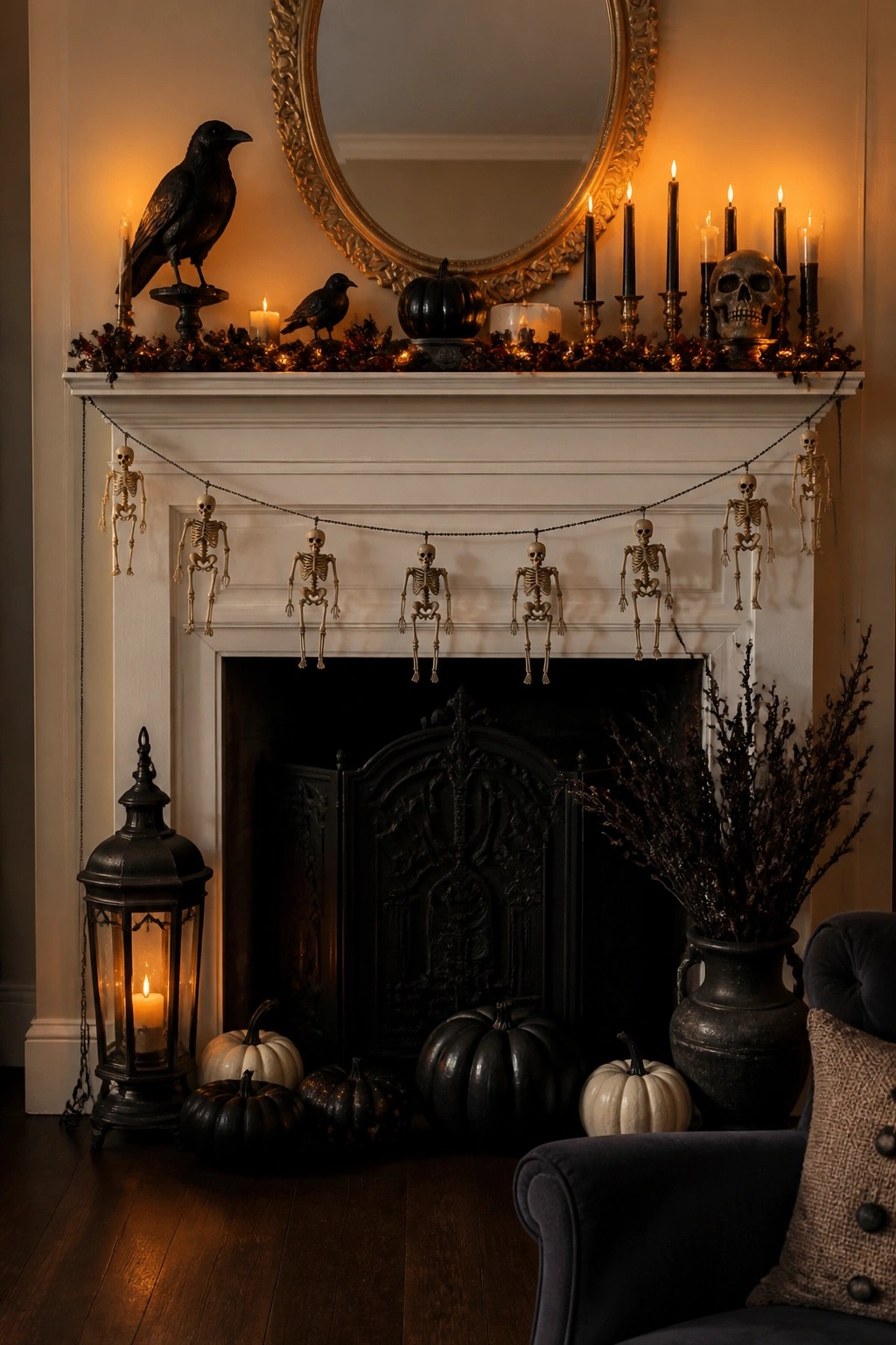 White fireplace mantel styled with a garland of small hanging skeletons, black crows, a skull, and candles.
