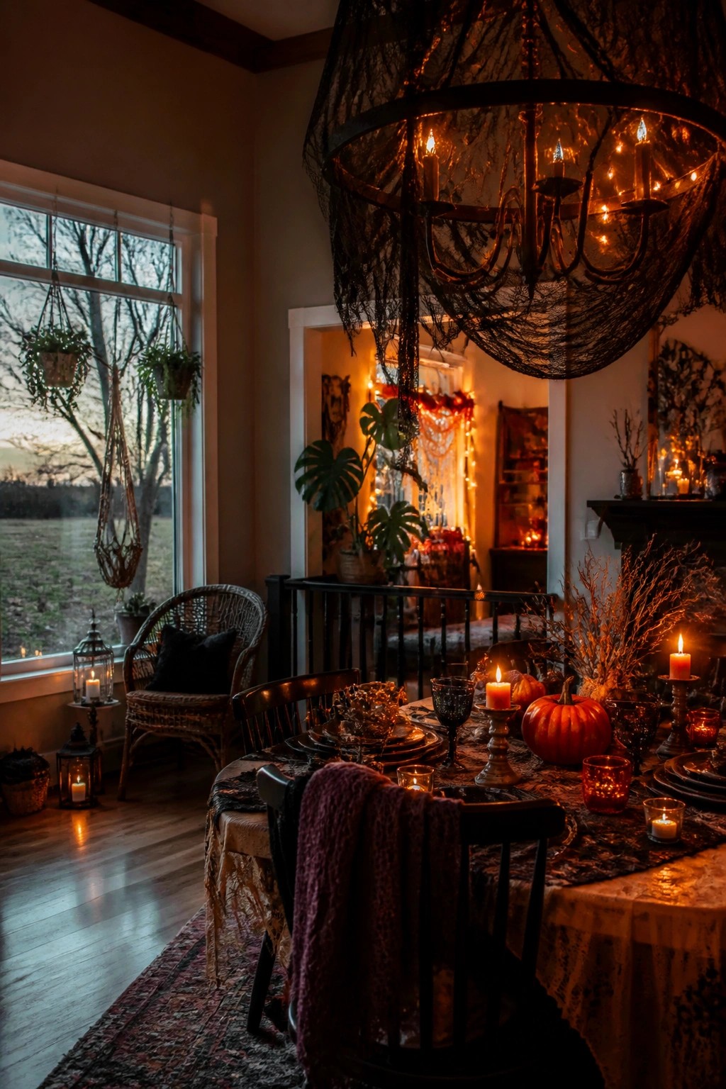 Dining room with a table set for Halloween beneath a chandelier covered in black lace, surrounded by pumpkins and candles.