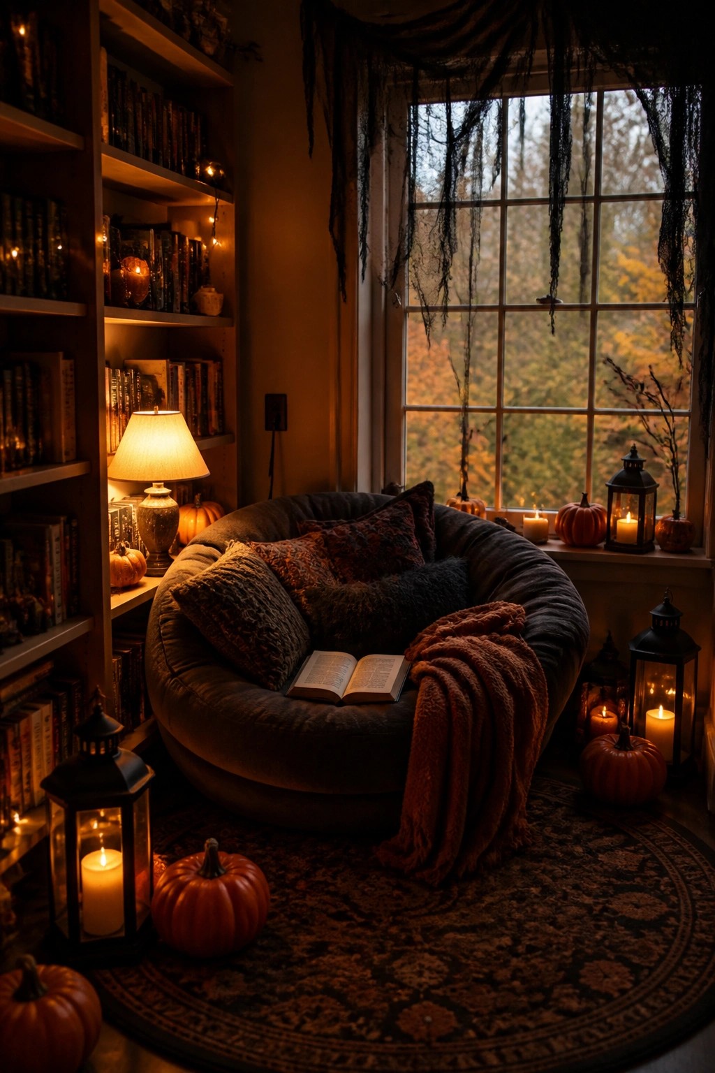 Cozy reading nook with black cobwebs draped over a large window, pumpkins, and lit lanterns arranged on the windowsill.