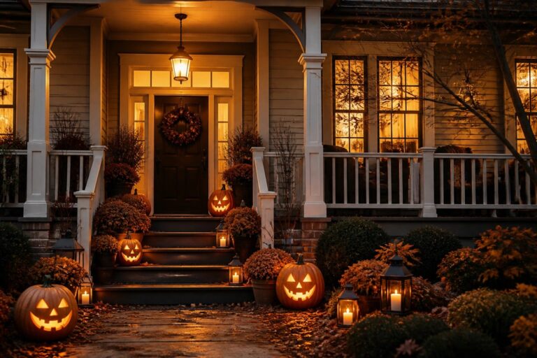 20 Halloween House Decorations That Totally Transform Your Space Front porch with pumpkins arranged on brick steps, lit lanterns by the door, and potted mums beside a dark front door.