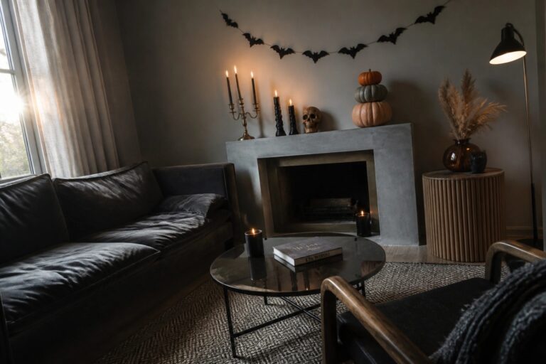 20 Halloween House Decorations That Totally Transform Your Space Dark living room with sofa, candlelit fireplace, stacked pumpkins, bat garland, and Dracula book.