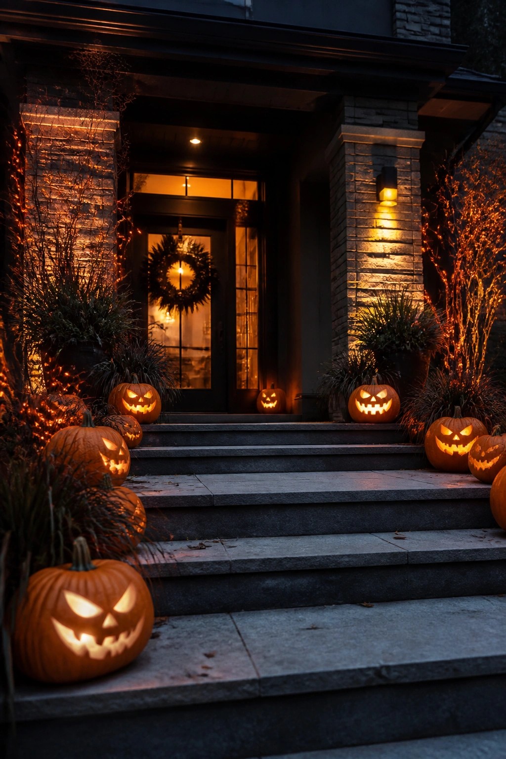 Front entrance with multiple carved and lit jack o' lanterns arranged on gray stone steps leading to a dark door with a wreath.
