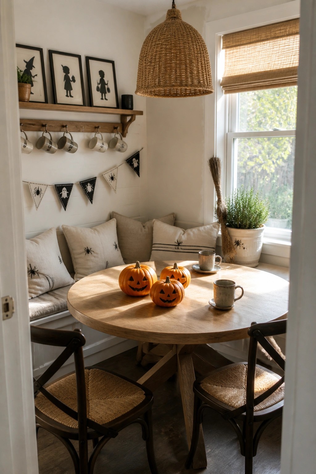 A round wooden dining table with three carved pumpkins sits in a white corner nook with Halloween-themed pillows on a built-in bench, framed silhouette art above, and a woven pendant light overhead.