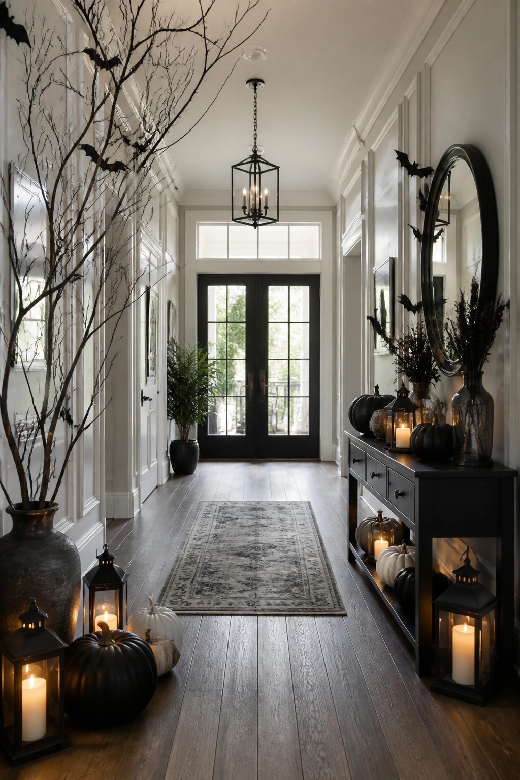 Long entry hallway with black bats arranged around a round mirror on the right wall, black branches in vases, pumpkins, and lanterns along the floor and console.