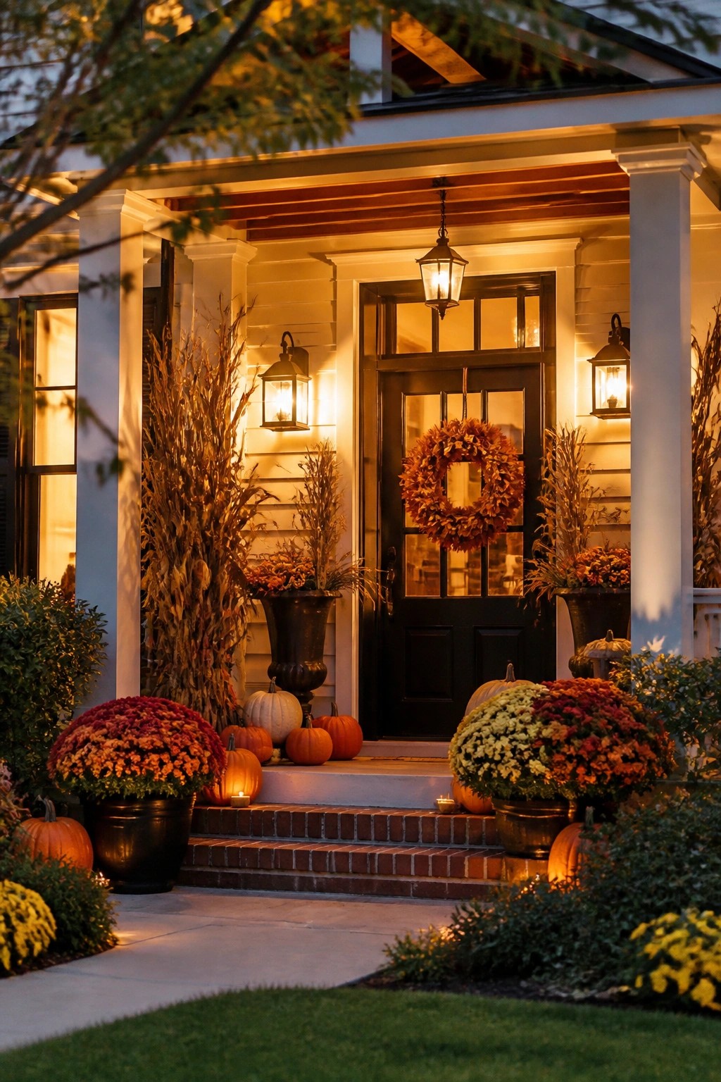 Front porch with pumpkins arranged on brick steps, lit lanterns by the door, and potted mums beside a dark front door.