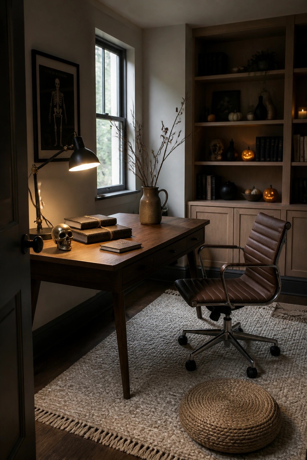 A dimly lit home office featuring a wooden desk with books and skulls, a brown leather office chair on a woven rug, and built-in shelves holding books, small pumpkins, and a lit jack-o'-lantern.
