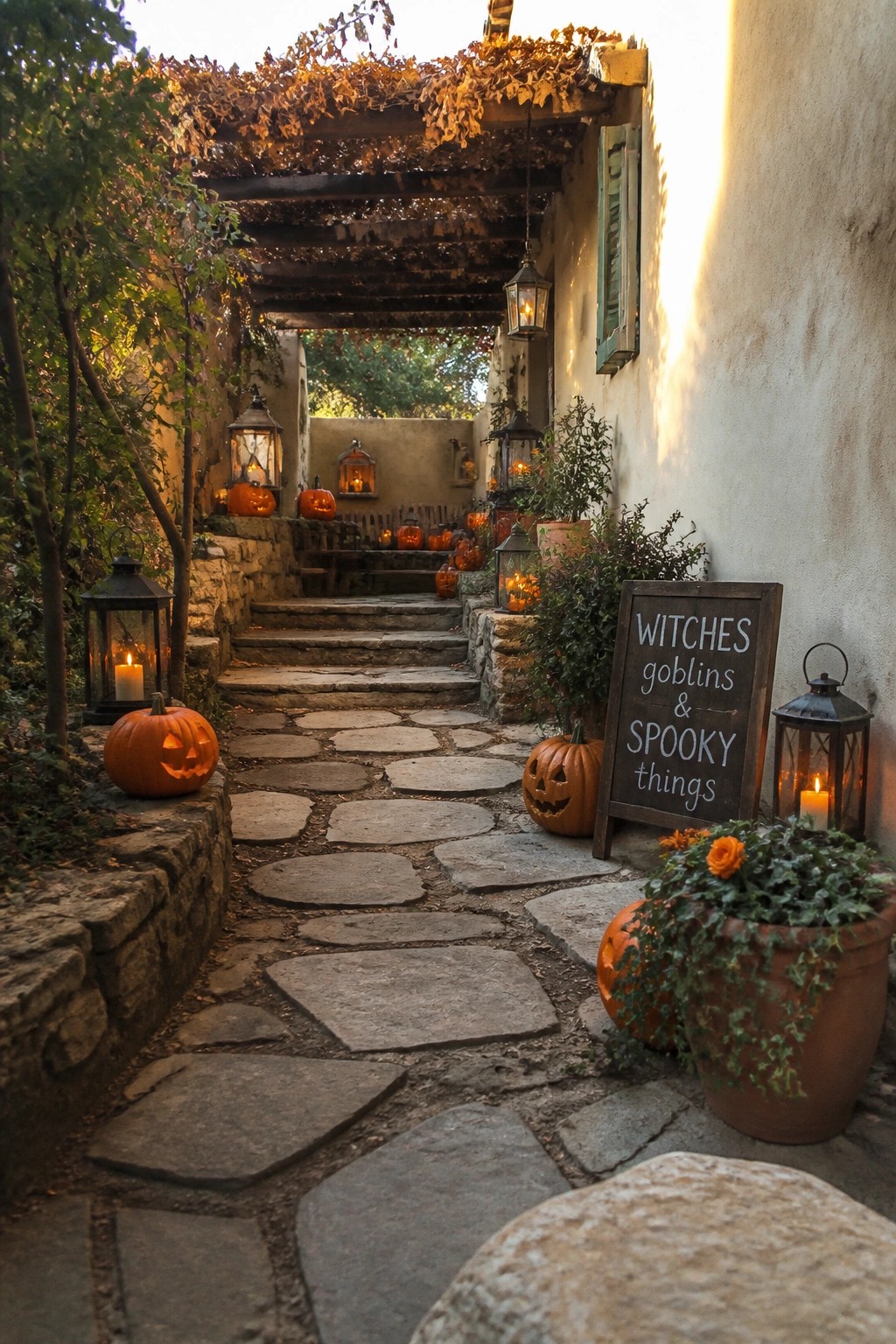 Rustic stone path lined with glowing pumpkins, lanterns, and spooky sign.