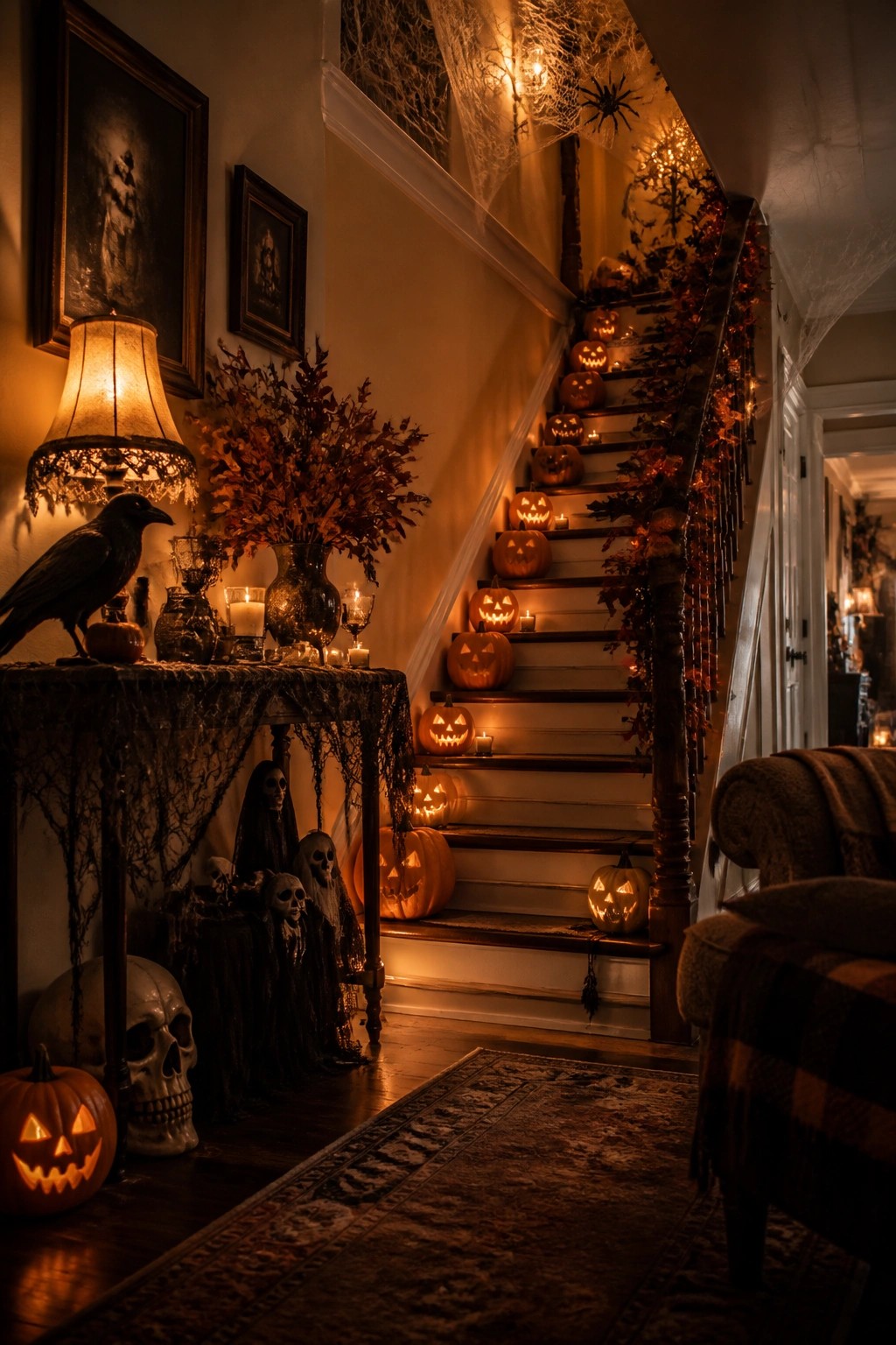 Staircase lined with carved jack o'lanterns on each step, spiderwebs on the wall, and a console table holding skulls, a crow, and autumn foliage.