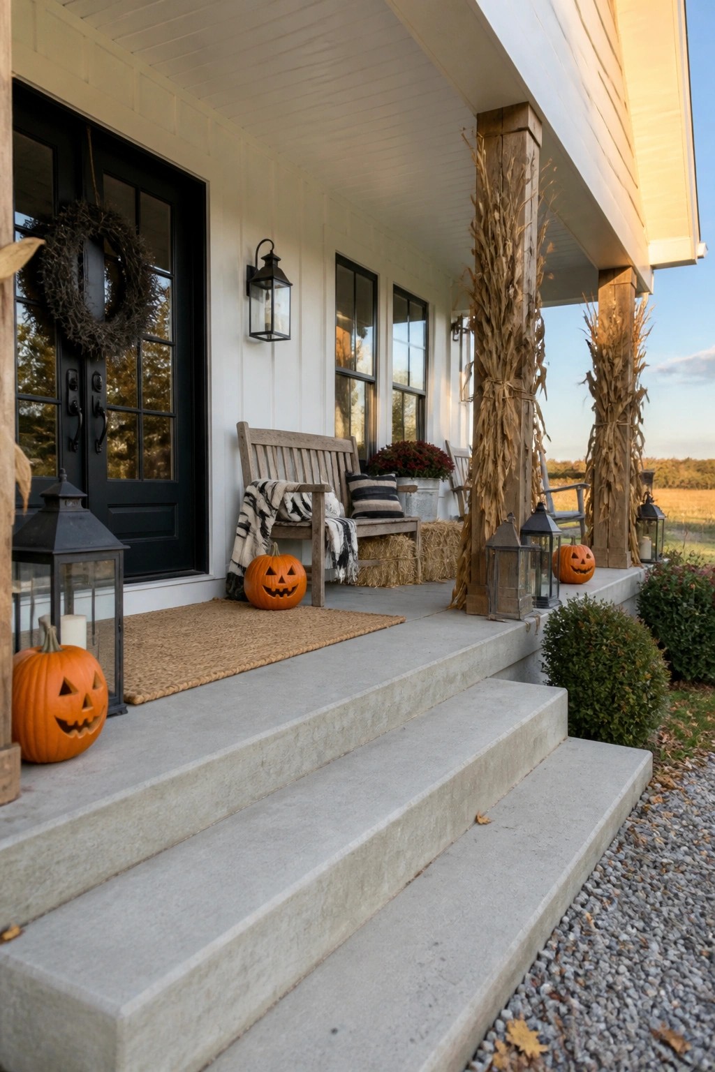 A white house porch with carved pumpkins, black lanterns, corn stalks on posts, a wooden bench, and hay bales arranged for Halloween.